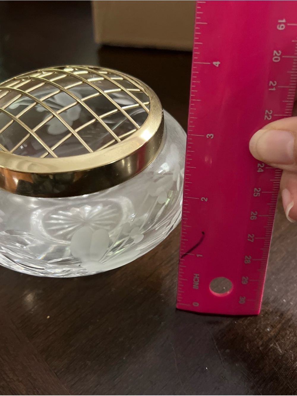 Cut Crystal Flower Frog Vase with Brass Lattice Top - Picture 6 of 9